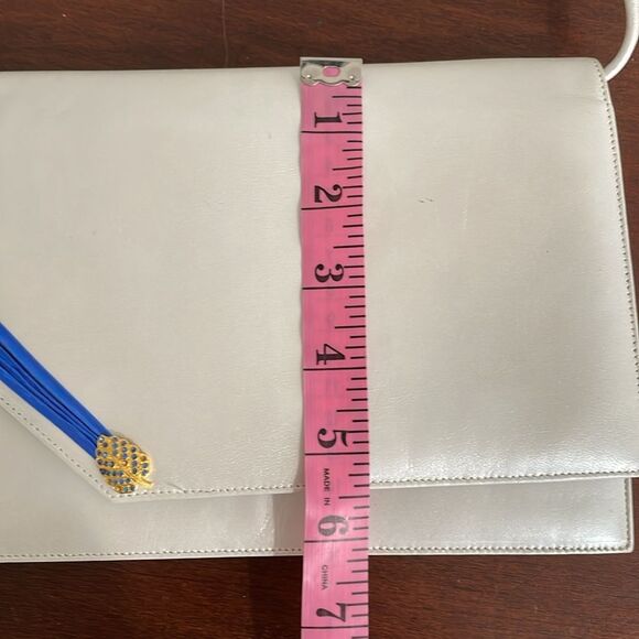 Raphael Salato Vintage Leather Flap Bag Clutch 70s White Blue Crystal Leaf - Picture 11 of 11